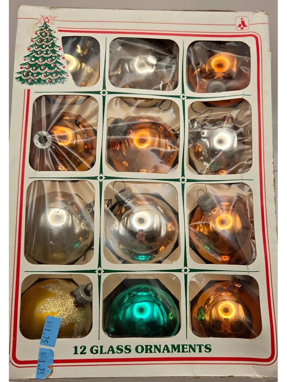 Vintage Essex Franke 12 Glass Christmas Ornaments Multicolor Boxed USA